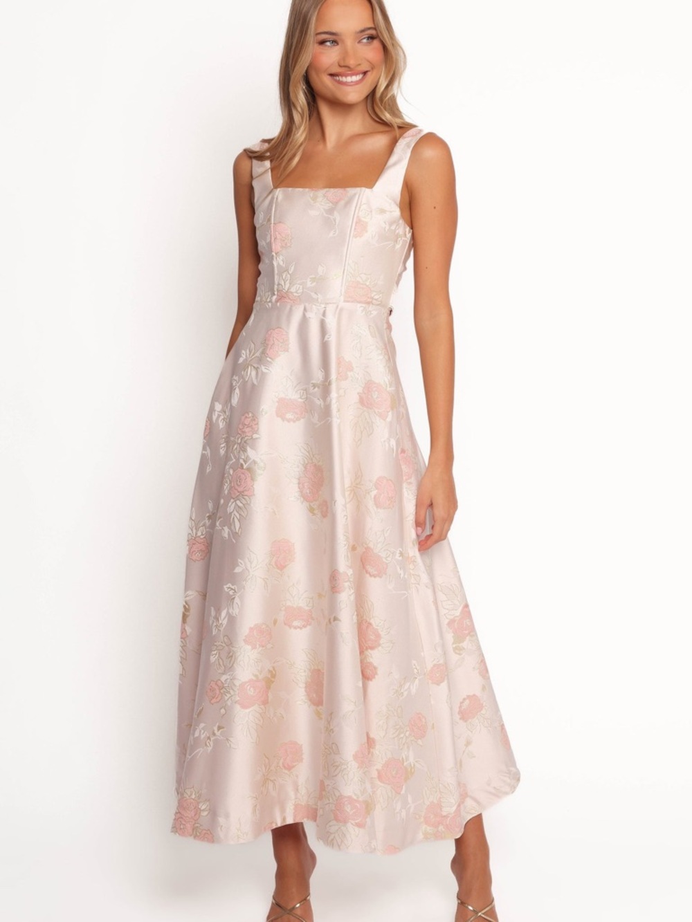 Petal & Pup Blush Pink Floral Square-Neck Satin Midi Dress